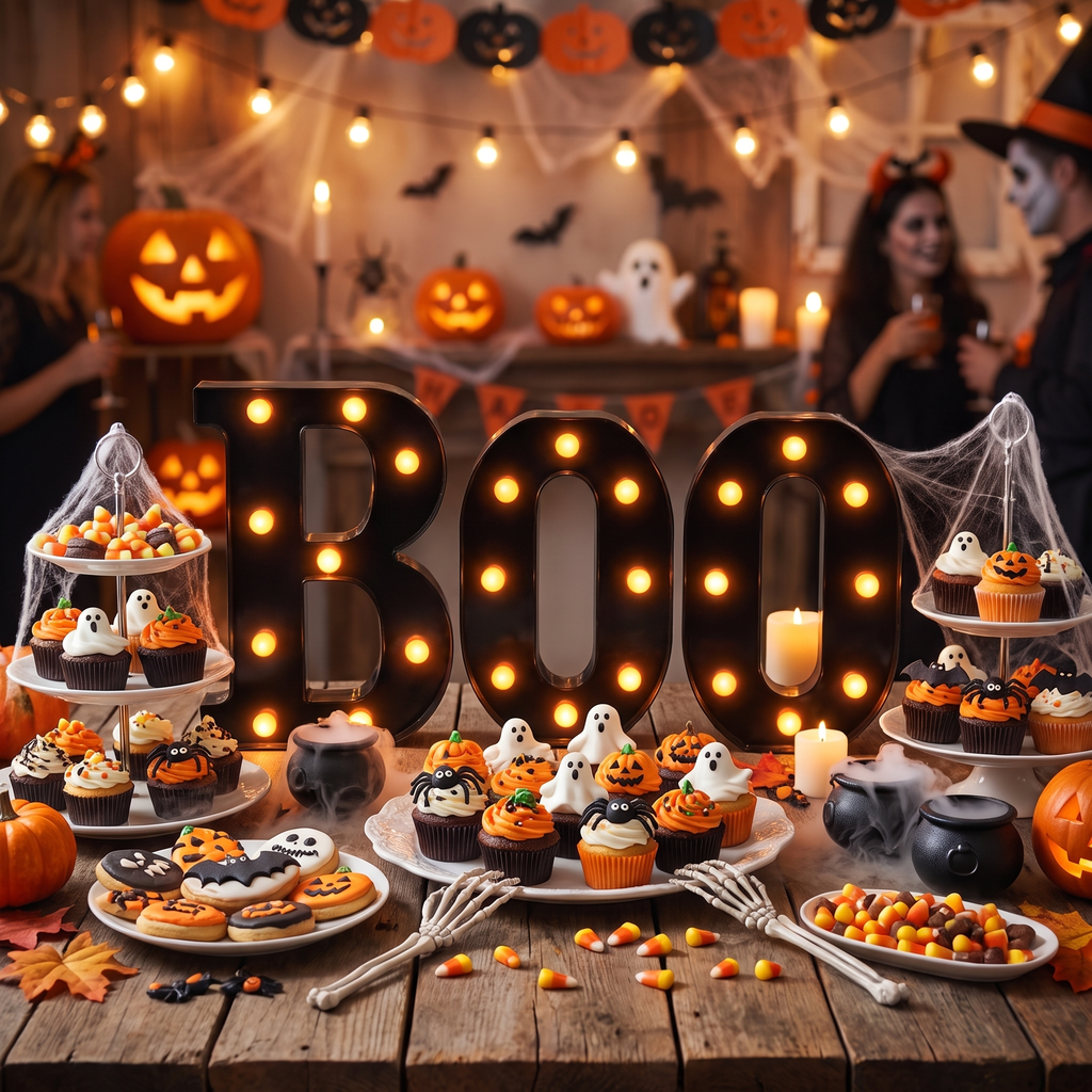BOO letters on a Halloween party dessert table