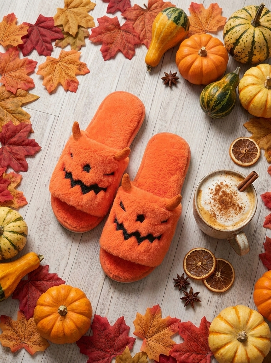 Slippers flat-lay with autumn leaves