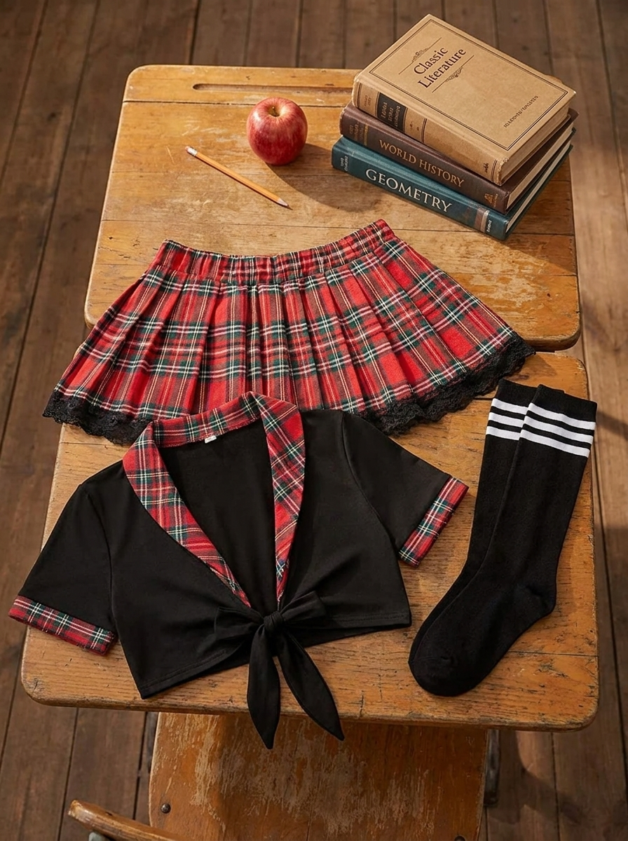 Schoolgirl set flat-lay on a school desk