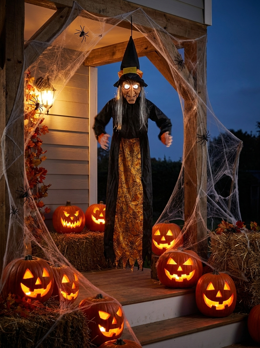 Hanging witch on a porch at dusk