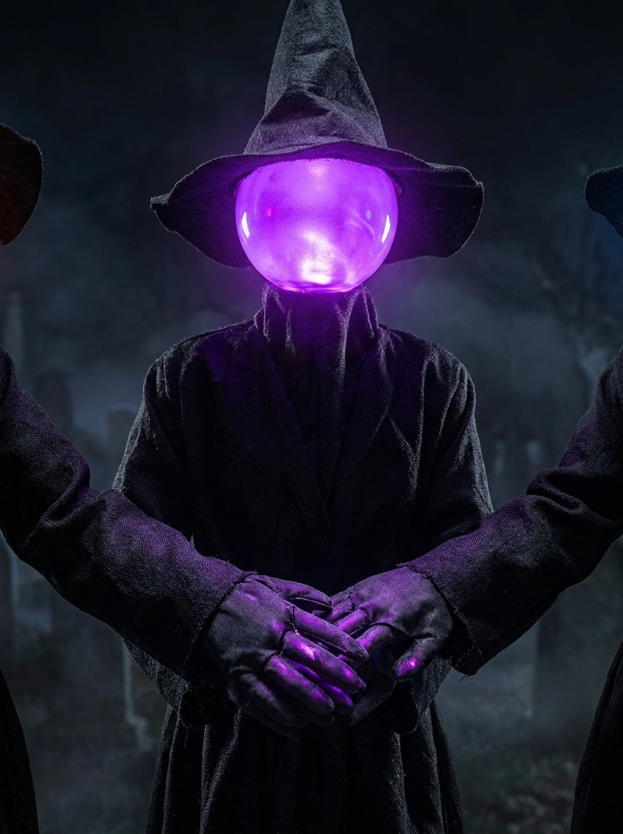 Glowing witch face and joined hands detail