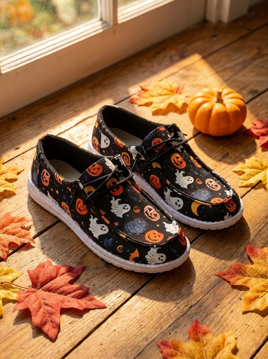 Loafers on a wooden floor with leaves