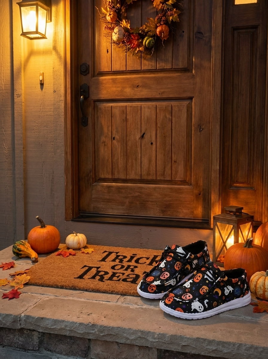 Loafers by a Halloween doorway
