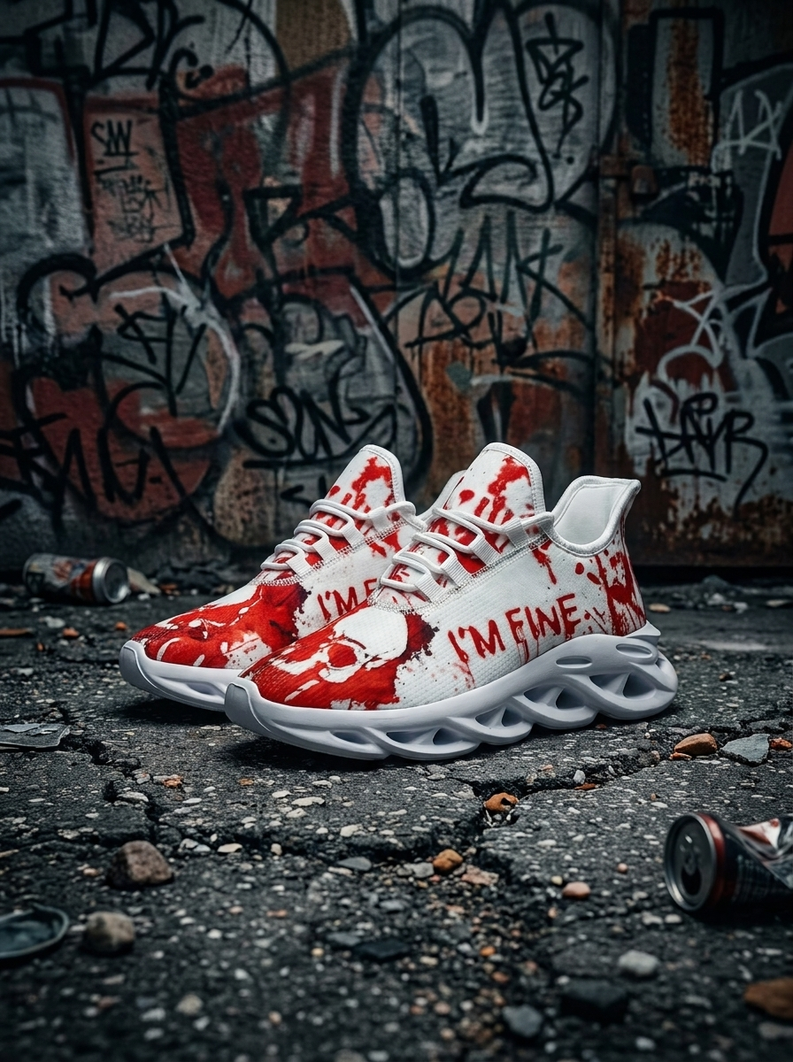 Skull sneakers by a graffiti wall
