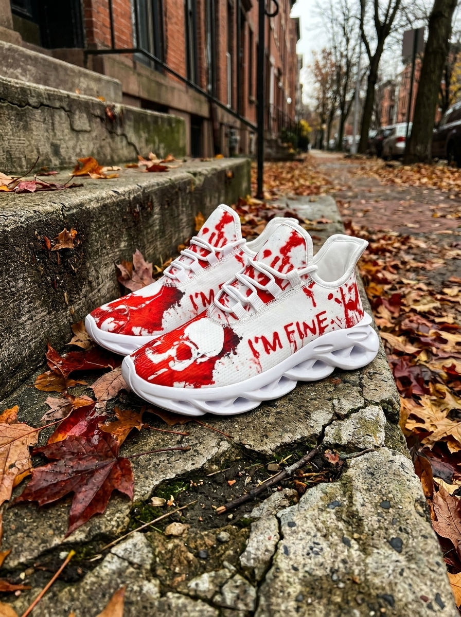 Skull sneakers on fall concrete steps