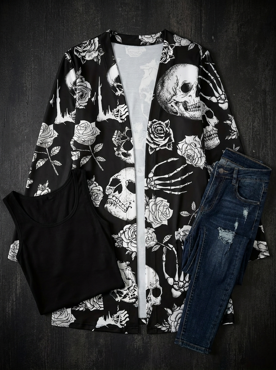 Skull cardigan gothic outfit flat-lay