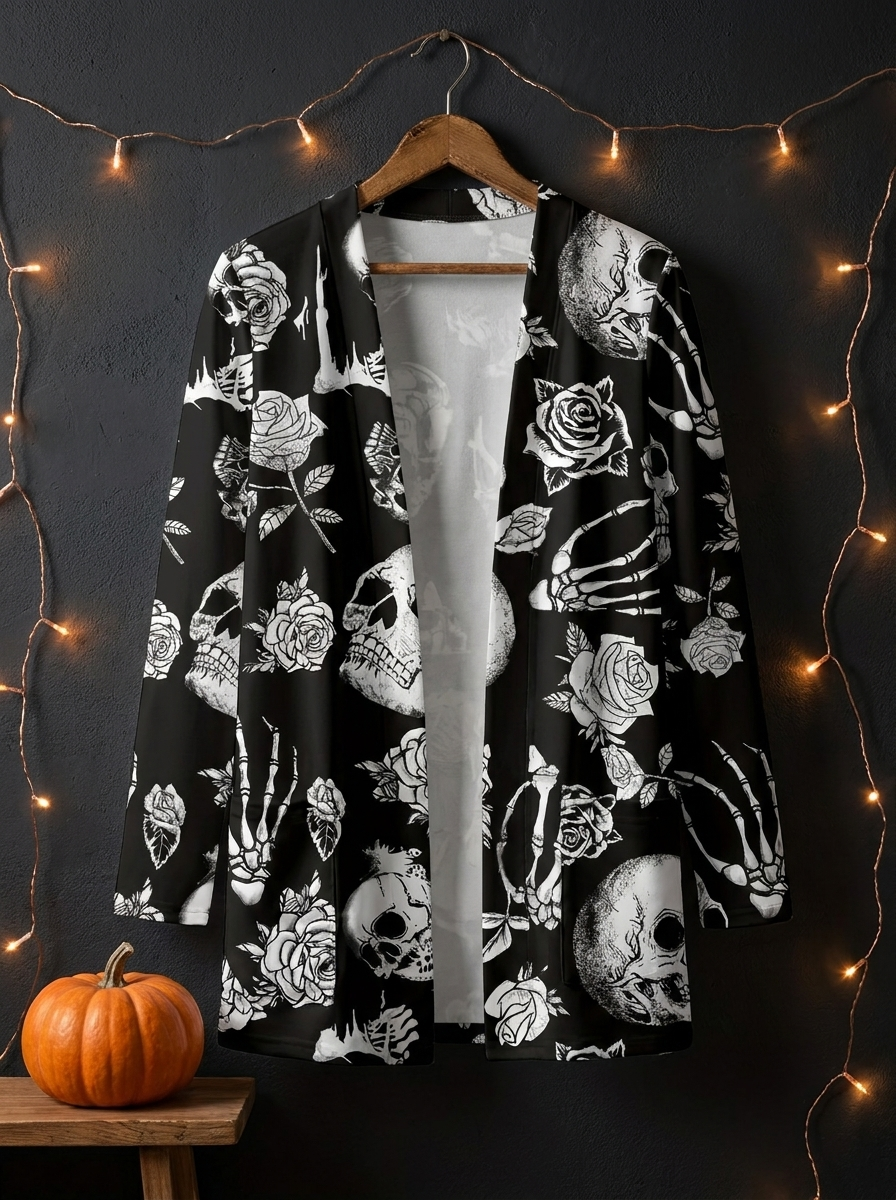 Skull cardigan on a boutique hanger