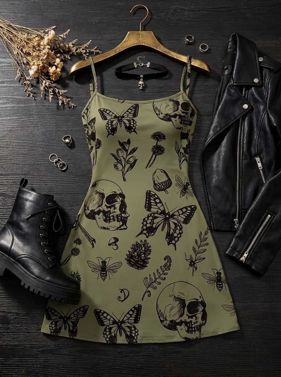 Skull cami dress gothic outfit flat-lay