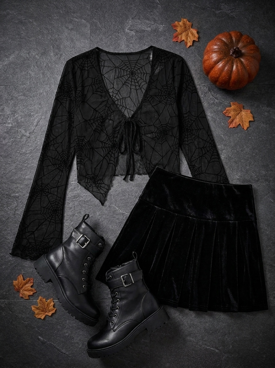 Spider-web top gothic outfit flat-lay