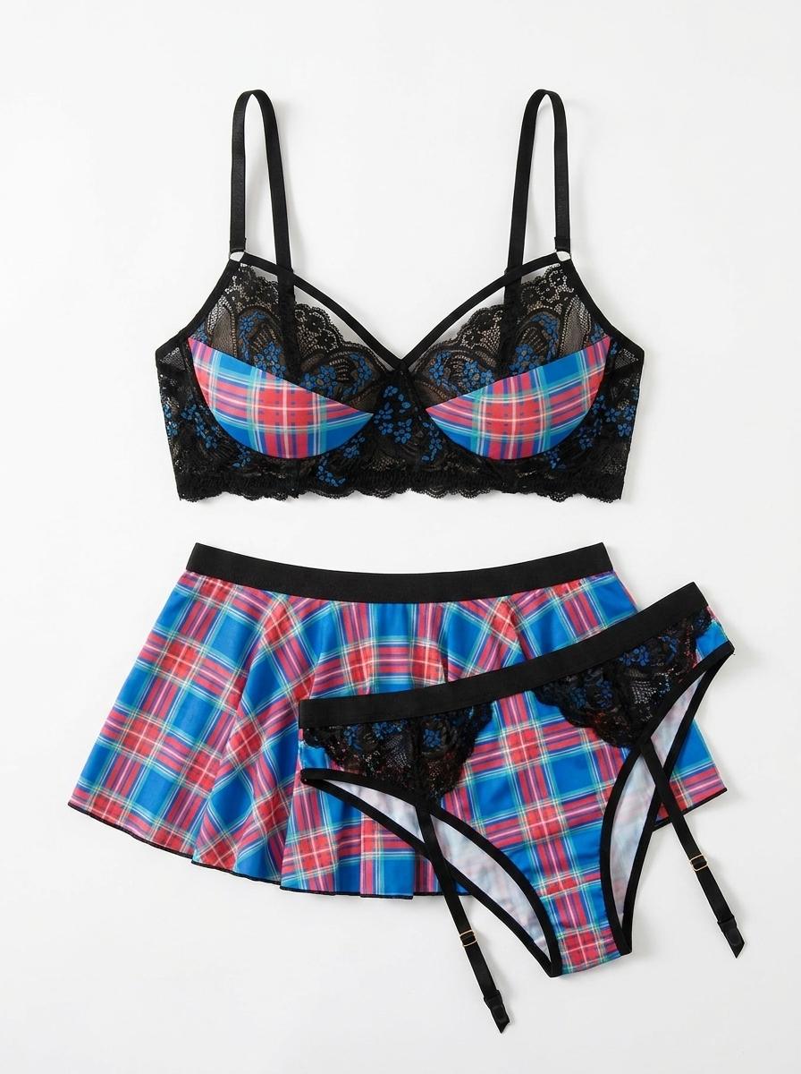 Plaid lace lingerie set white hero
