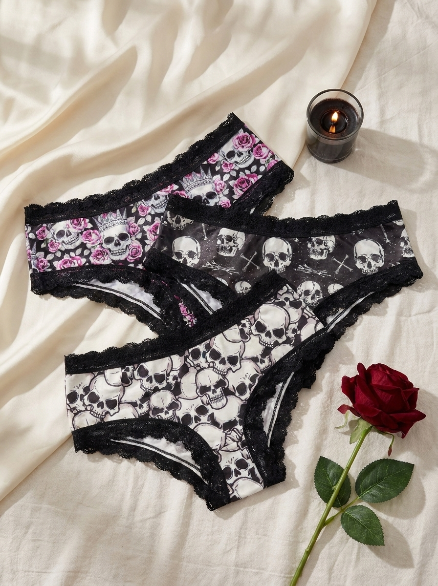 Goth panties fanned out flat-lay
