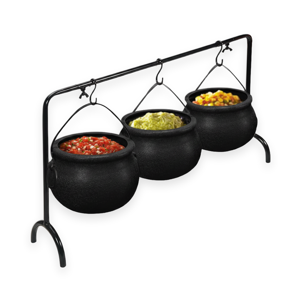 Witch cauldron serving bowls set of 3 on a display rack, Halloween party serveware on a white background