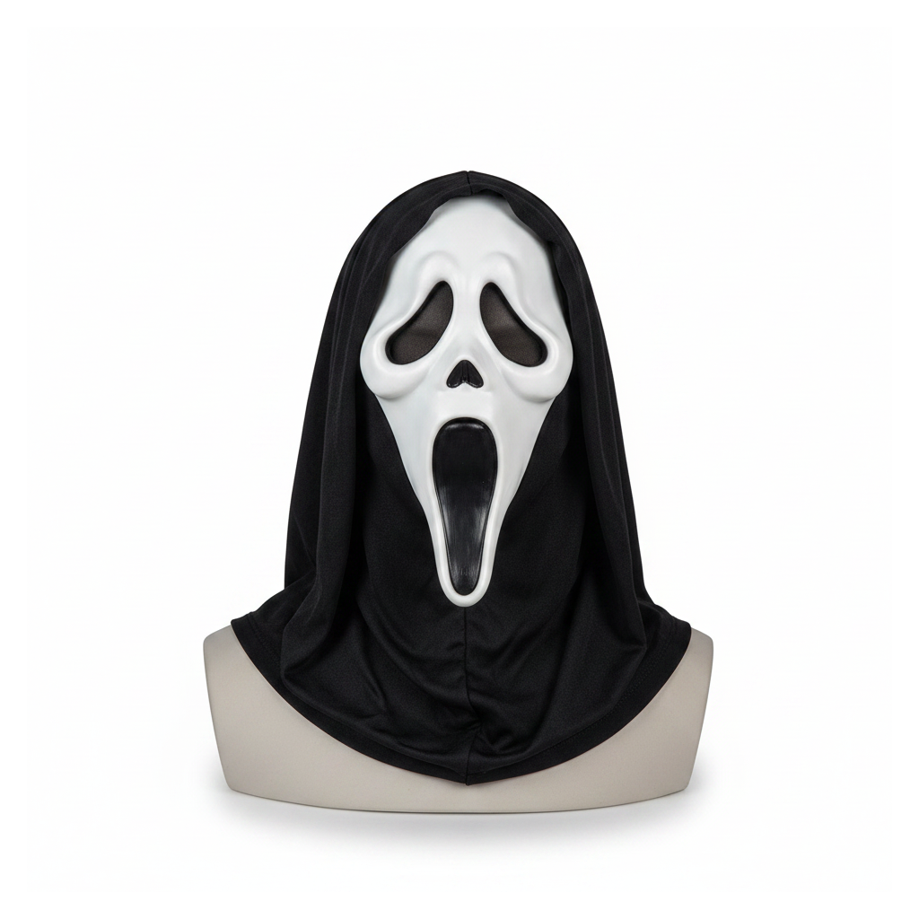 Latex Skull Mask with Hooded Shroud - white background