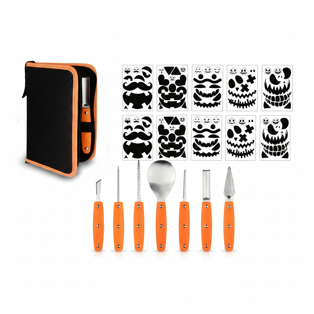7-in-1 Pumpkin Carving Kit with stencils - white background