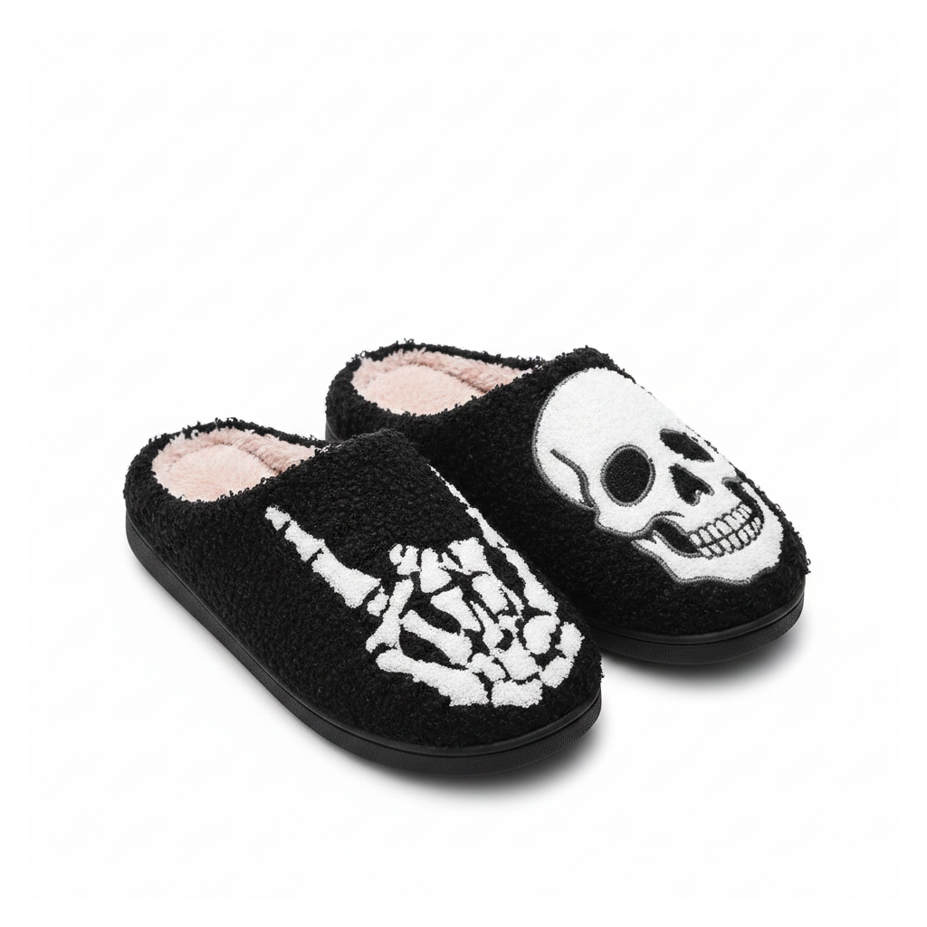 Skeleton Skull Plush Slippers - white background