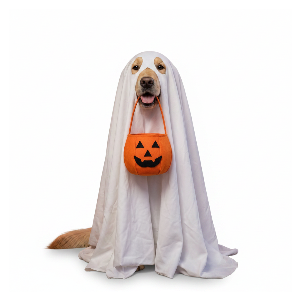 Dog ghost costume on white