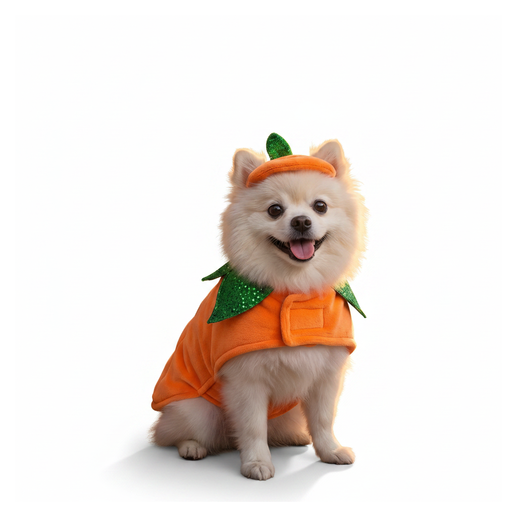 Dog pumpkin costume on white
